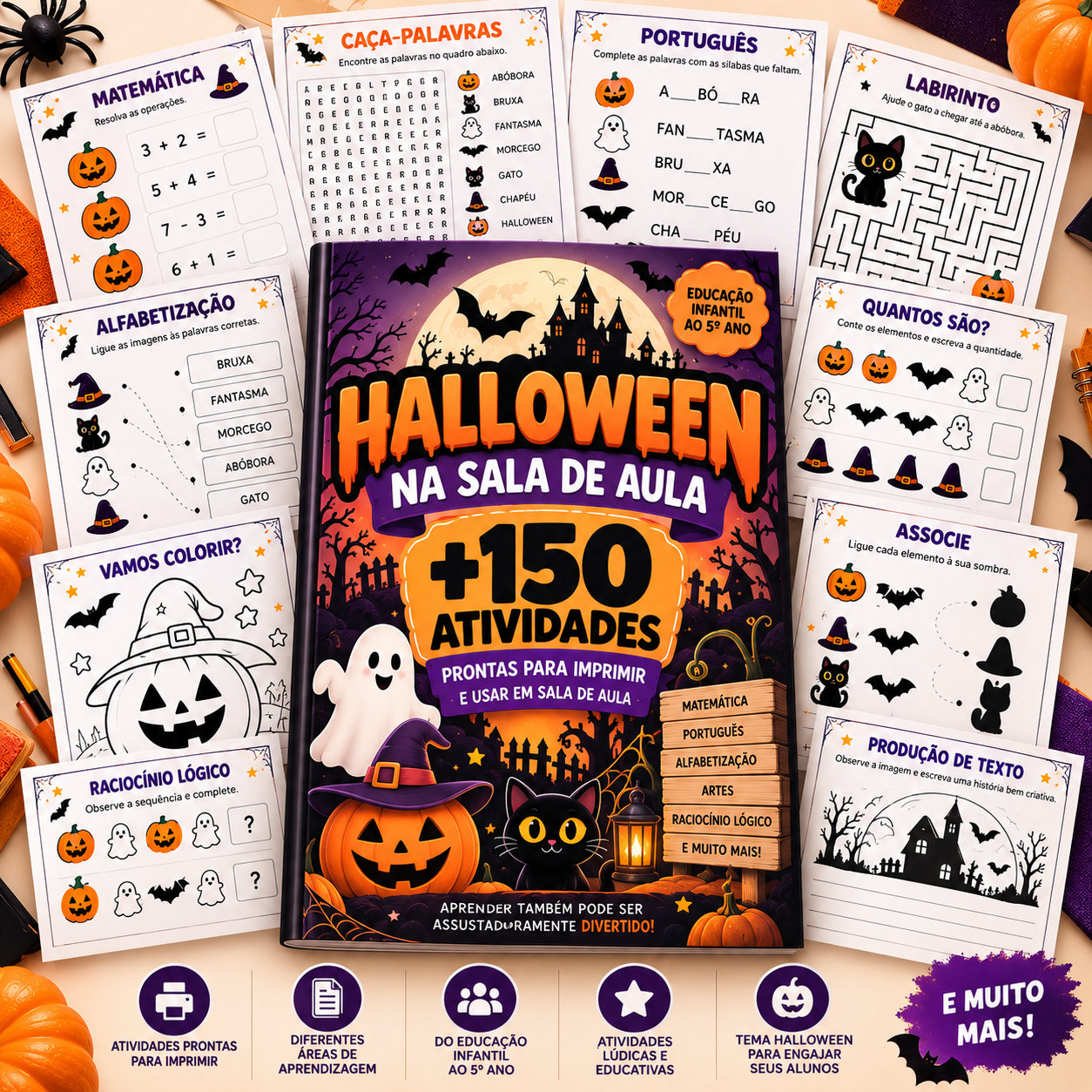 Mockup do material Halloween na Sala de Aula com mais de 150 atividades prontas para imprimir