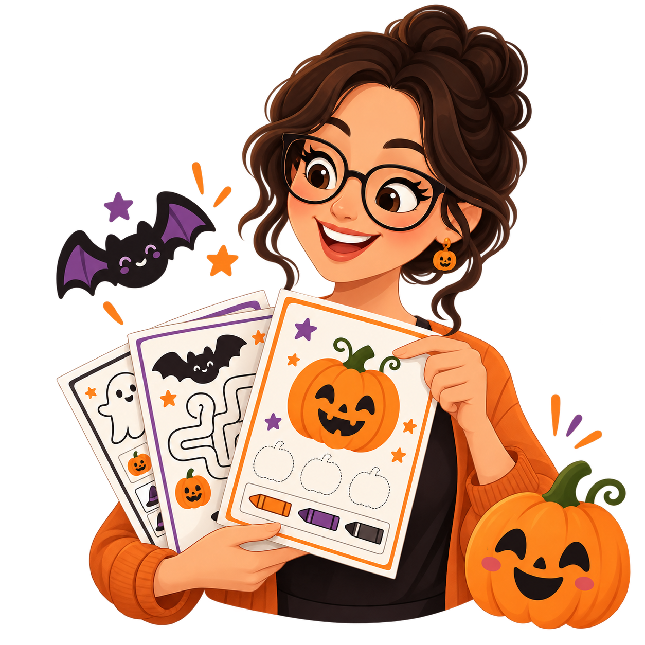 Educadora escolhendo atividades de Halloween para imprimir