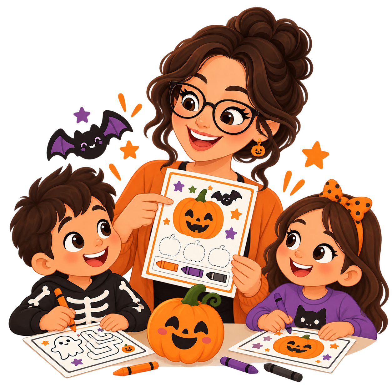 Educadora usando atividades de Halloween com os alunos